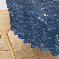 Star Gazer on Twilight Blue (xl scale) | Hand drawn galaxies, planets, moon and stars on shibori blue, celestial navigation, astronavigation, space explorer, star gazing, astronomy fabric in denim blue and gold.