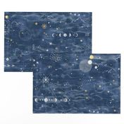 Star Gazer on Twilight Blue (xl scale) | Hand drawn galaxies, planets, moon and stars on shibori blue, celestial navigation, astronavigation, space explorer, star gazing, astronomy fabric in denim blue and gold.