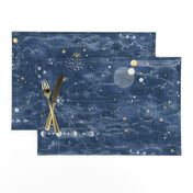 Star Gazer on Twilight Blue (xl scale) | Hand drawn galaxies, planets, moon and stars on shibori blue, celestial navigation, astronavigation, space explorer, star gazing, astronomy fabric in denim blue and gold.