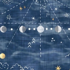 Star Gazer on Twilight Blue (xl scale) | Hand drawn galaxies, planets, moon and stars on shibori blue, celestial navigation, astronavigation, space explorer, star gazing, astronomy fabric in denim blue and gold.
