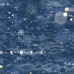 Star Gazer on Twilight Blue | Hand drawn galaxies, planets, moon and stars on shibori blue, celestial navigation, astronavigation, space explorer, star gazing, astronomy fabric in denim blue and gold.