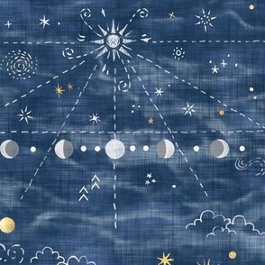 Star Gazer on Twilight Blue (large scale) | Hand drawn galaxies, planets, moon and stars on shibori blue, celestial navigation, astronavigation, space explorer, star gazing, astronomy fabric in denim blue and gold.
