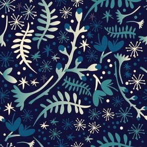 Night Time Sleepy Valley Flowers and Buds - Navy Teal Cream