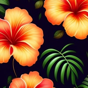 Hawaiian Hibiscus flowers and palm trees in all ov