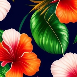 Hawaiian Hibiscus flowers and palm trees in all ov 