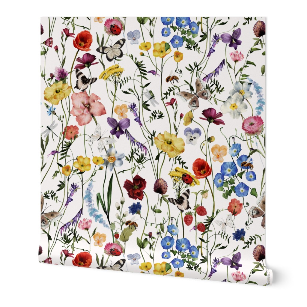 Large A beautiful cute handpainted midsummer dried flower garden with wildflowers and grasses and herbs and butterflies on white background