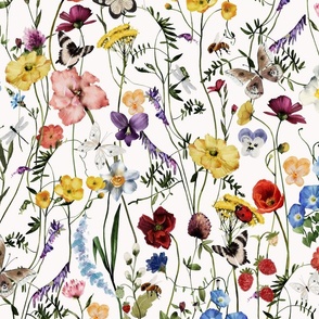 Large A beautiful cute handpainted midsummer dried flower garden with wildflowers and grasses and herbs and butterflies on white background