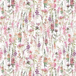 14"  a pink and purple very abstract summer wildflower meadow  - nostalgic Wildflowers and Herbs home decor on white double layer,    baby Girl and nursery fabric perfect for kidsroom wallpaper, kids room, kids decor