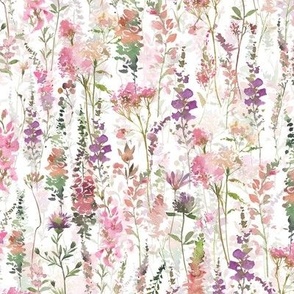 10"  a pink and purple very abstract summer wildflower meadow  - nostalgic Wildflowers and Herbs home decor on white double layer,    baby Girl and nursery fabric perfect for kidsroom wallpaper, kids room, kids decor