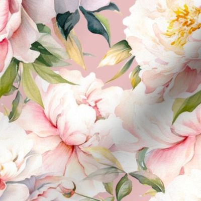 Watercolor gentle pink peonies on pink background 