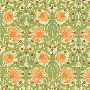 Pimpernel - SMALL 10"  - historic reconstructed damask wallpaper by William Morris -  peach fuzz and spring apple green antiqued reconstruction art nouveau art deco