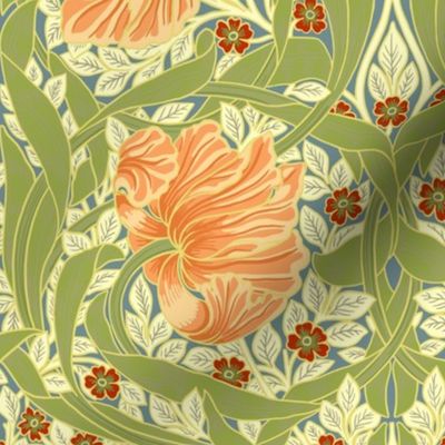Pimpernel - MEDIUM 14"  - historic reconstructed damask wallpaper by William Morris -  peach fuzz and spring apple green antiqued reconstruction art nouveau art deco