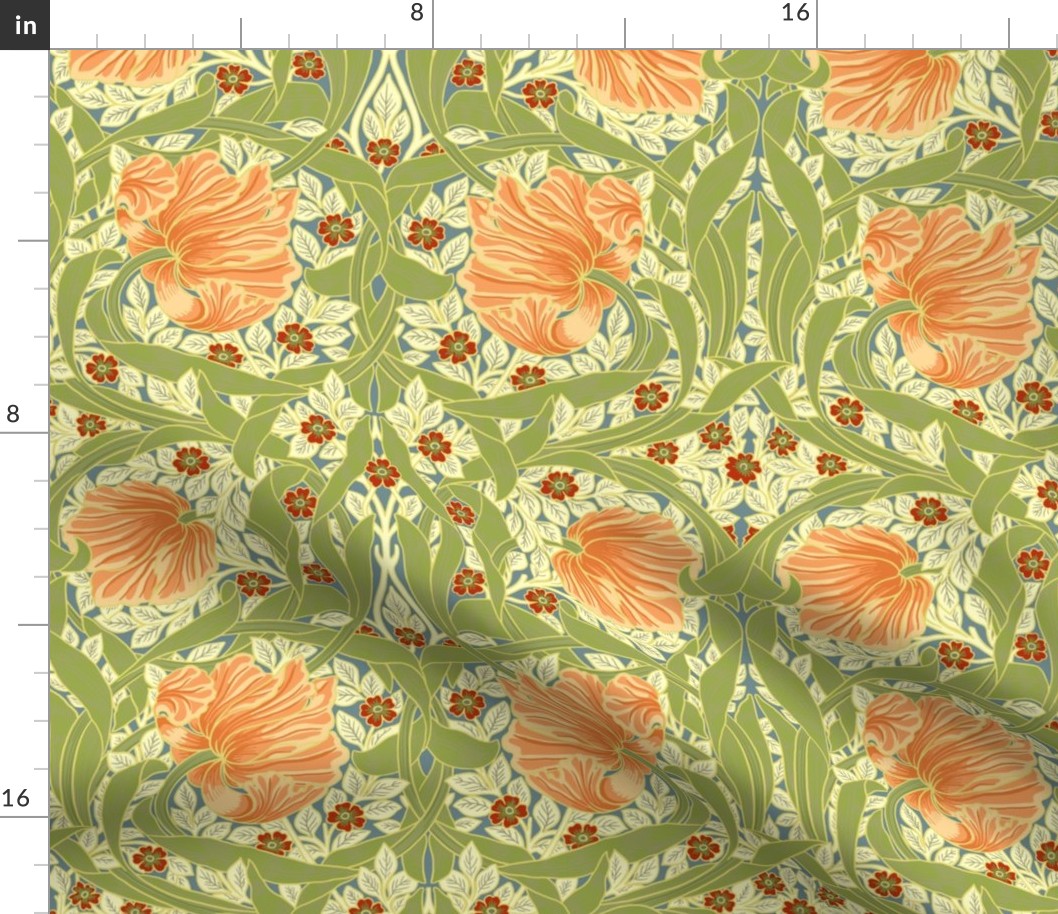 Pimpernel - MEDIUM 14"  - historic reconstructed damask wallpaper by William Morris -  peach fuzz and spring apple green antiqued reconstruction art nouveau art deco