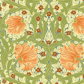 Pimpernel - LARGE 21"  - historic reconstructed damask wallpaper by William Morris -  peach fuzz and spring apple green antiqued reconstruction art nouveau art deco