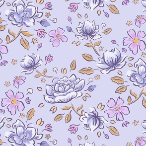 Peony Dreams Loose Floral -  Blue, Purple Flowers Mustard Leaves on Light Blue - Large