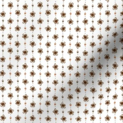 s Small flowers hearts on dotted vertical lines grid - earth tones on white