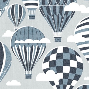 Large jumbo scale // Let your dreams fly // bunny grey background hale navy bali blue vintage hot air balloons in the clouds // kids room boys nursery