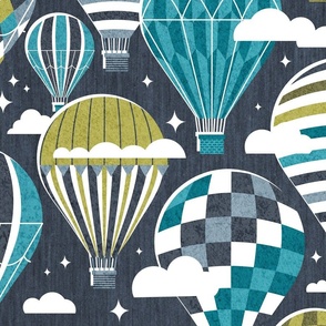 Large jumbo scale // Let your dreams fly // hale navy background hale navy bali blue split pea green and peacock blue vintage hot air balloons in the clouds // kids room boys nursery