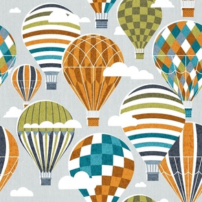 Normal scale // Let your dreams fly // bunny grey background hale navy bali blue split pea green peacock blue and west side orange vintage hot air balloons in the clouds // kids room boys nursery