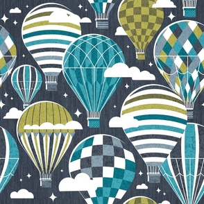 Normal scale // Let your dreams fly // hale navy background hale navy bali blue split pea green and peacock blue vintage hot air balloons in the clouds // kids room boys nursery