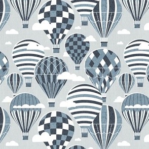 Small scale // Let your dreams fly // bunny grey background hale navy bali blue vintage hot air balloons in the clouds // kids room boys nursery