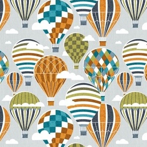 Small scale // Let your dreams fly // bunny grey background hale navy bali blue split pea green peacock blue and west side orange vintage hot air balloons in the clouds // kids room boys nursery
