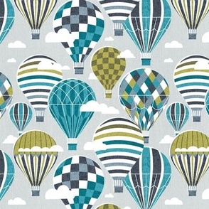 Small scale // Let your dreams fly // bunny grey background hale navy bali blue split pea green and peacock blue vintage hot air balloons in the clouds // kids room boys nursery