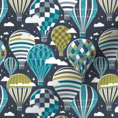Small scale // Let your dreams fly // hale navy background hale navy bali blue split pea green and peacock blue vintage hot air balloons in the clouds // kids room boys nursery