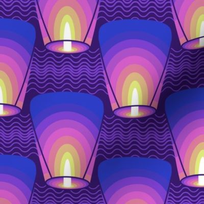 thai festival sky lanterns - purple, magenta, yellow