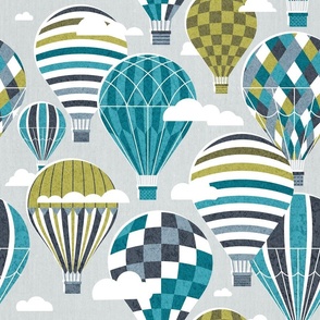 Let your dreams fly // normal scale // bunny grey background hale navy bali blue split pea green and peacock blue vintage hot air balloons in the clouds // kids room boys nursery