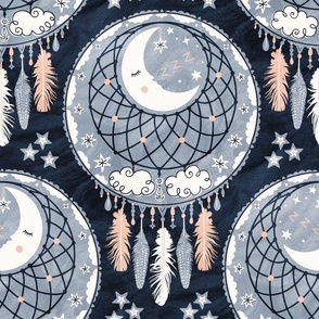 Sleeping Moon Dreamcatcher (Large) with Feathers and Stars - Textured Gray on Navy Blue