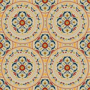 Mediterranean Flooring - Warm Tiles and geometric flowers with circles - Medium Size 