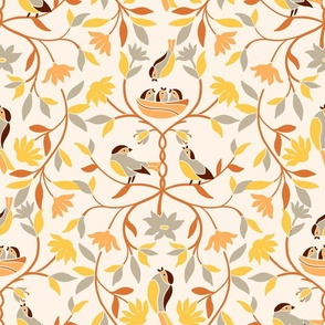 Family of birds nesting on trees - Warm springtime in yellow and orange - Floral in Big Size 