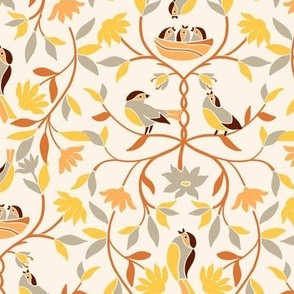 Family of birds nesting on trees - Warm springtime in yellow and orange - Floral in Big Size 