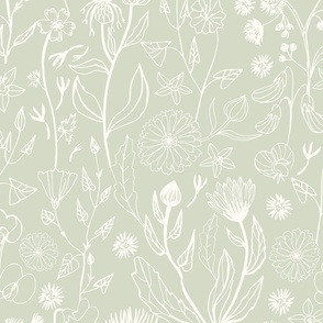 Romantic hand drawn white flowers on a sage background - large scale
