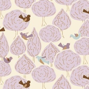 birds on lilac trees , naive playful pastel colors