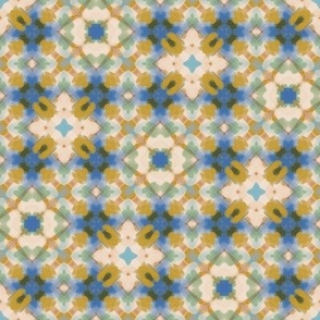 Saltillo Cross - abstract geometric tile pattern - blue, gold, orange, green & cream