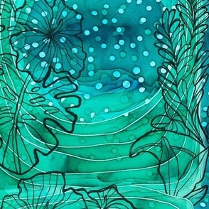 Batik Moon with tropical flowers on teal 