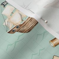 Pirates Ahoy Nautical Print on Aqua Blue Ocean Water 6 inch