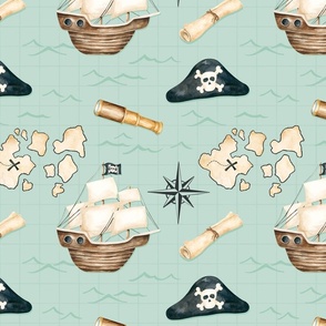Pirates Ahoy Nautical Print on Aqua Blue Ocean Water 12 inch