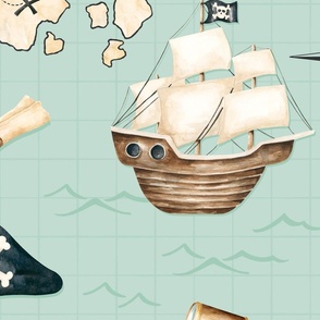 Pirates Ahoy Nautical Print on Aqua Blue Ocean Water 24 inch