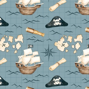 Pirates Ahoy Nautical Print on Ocean Blue 12 inch