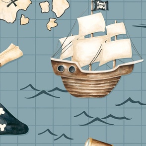 Pirates Ahoy Nautical Print on Ocean Blue 24 inch