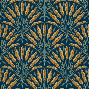 Arts and crafts abstract plants in blue and yellow - Medium size 