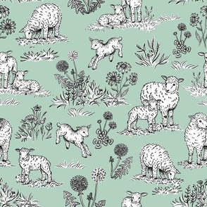 Sheep and Lambs on a Pasture Toile de Jouy (Pale Green)