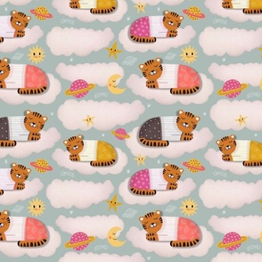 Sleeping Tigers on Floating Clouds on a light grey background