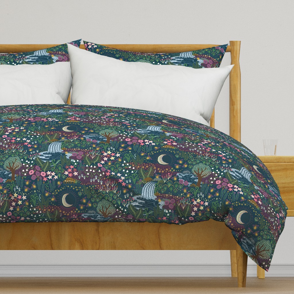 Cozy dreams of fireflies - magical night meadow with waterfall, moon and flowers - purple, pink, green, blue - extra large
