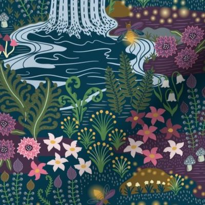 Cozy dreams of fireflies - magical night meadow with waterfall, moon and flowers - purple, pink, green, blue - extra large