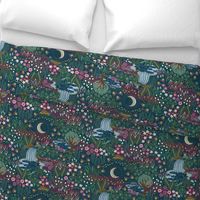 Cozy dreams of fireflies - magical night meadow with waterfall, moon and flowers - purple, pink, green, blue - extra large
