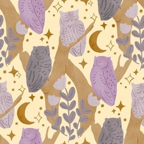 Whimsical, Hand-Drawn Bohemian Inspired Woodland Night Owl Pattern with Moons, Stars and Flowers